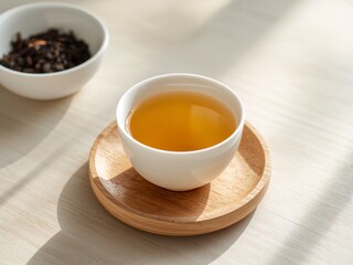 Cup of hot tea on saucer with strong shadows on white background, minimal elegant beverage scene.