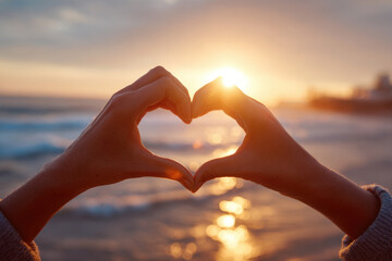  beautiful hands forming a heart shape at dramatic soft blurred sunset with sunrays by the sea, a symbol of love and romance for Valentine background.
