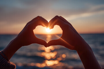  beautiful hands forming a heart shape at dramatic soft blurred sunset with sunrays by the sea, a symbol of love and romance for Valentine background.