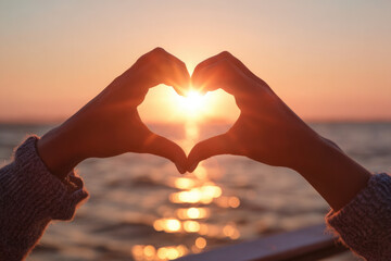 beautiful hands forming a heart shape at dramatic soft blurred sunset with sunrays by the sea, a symbol of love and romance for Valentine background.