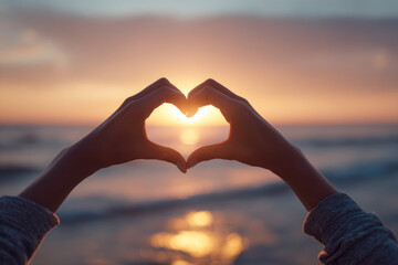  beautiful hands forming a heart shape at dramatic soft blurred sunset with sunrays by the sea, a symbol of love and romance for Valentine background.
