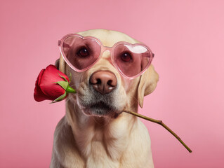 A cute dog wearing heart-shaped sunglasses holding a red rose, funny Valentine&rsquo;s Day theme, love and romance mood.