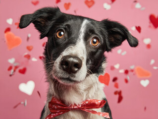 A cute dog wearing heart-shaped sunglasses holding a red rose, funny Valentine&rsquo;s Day theme, love and romance mood.