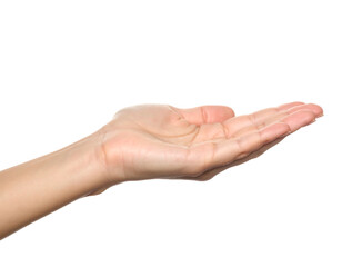 A close-up, isolated image showcasing a fair-skinned, open hand facing upward against a pure black background. Palm visible