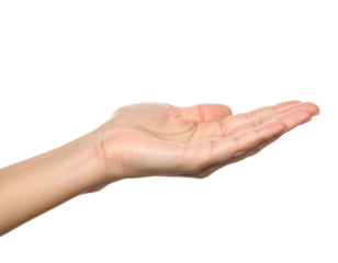 A close-up, isolated image showcasing a fair-skinned, open hand facing upward against a pure black background. Palm visible