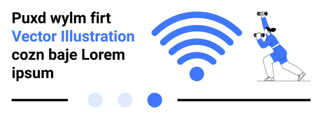 wireless icon with radiating signal waves, person using binoculars in search, modern text elements. Ideal for technology, connection, exploration, communication, innovation, search simple landing