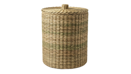 Wicker laundry basket with lid made from natural seagrass material isolated on white background