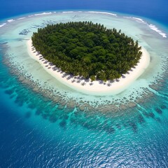 Aerial View of Tropical Island Paradise with Lush Greenery and Turquoise Waters.