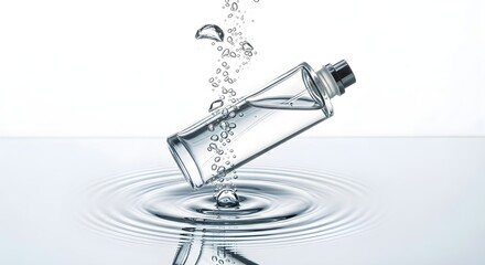 A clear liquid bottle submerged in rippling water with bubbles rising, symbolizing purity and refreshment
