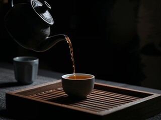 Tea poured from teapot into cup on wooden tray, moody dark lighting with steam, zen tea ceremony concept.