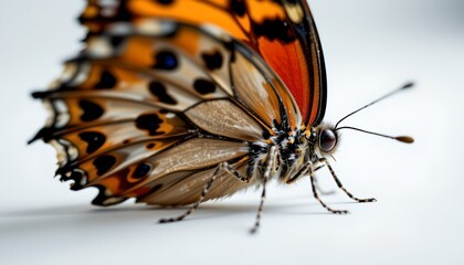 Obraz premium An up close view of a beautifully patterned butterfly with black spots on its wings, against a stark white background