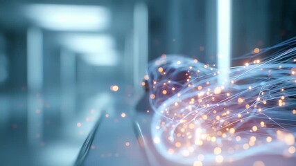 Vibrant network illuminated lines, sparkling lights symbolizes advanced technology, fast data transfer. Evokes concepts connectivity, artificial intelligence, digital transformation - Powered by Adobe