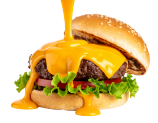 A close-up shot of a burger with dripping yellow cheese, sesame seed bun, lettuce, tomato and a dark background