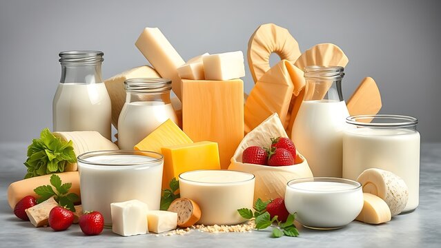 persulfide. Assortment of fresh dairy products arranged in beautiful showcase. menu design, packaging mockups, designed for culinary blogs and recipe cards for restaurants.