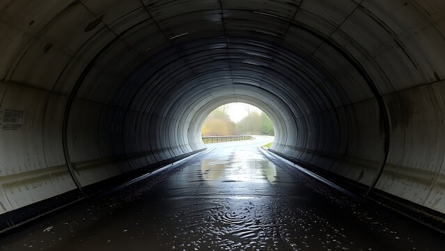 undernourishment. A concrete drainage pipe under a road, wet interior with dripping water, tunnel perspective. real-estate listings.