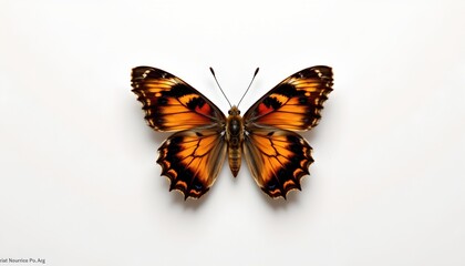 Obraz premium A butterfly with vibrant colors displayed against a simple, neutral background. The butterfly's wings are spread wide, showcasing its intricate patterns and vivid hues.