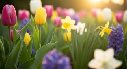 A vibrant garden of tulips and daffodils with a sunlit background.