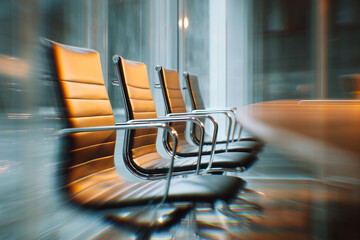 Modern conference room with empty leather office chairs and table, motion blur effect. Corporate business meeting concept, leadership, teamwork, strategy, and professional workspace