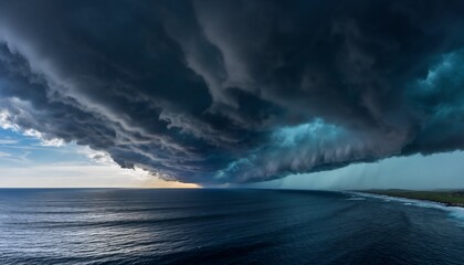 Dramatic Storm Clouds Gather Over a Vast Ocean and Coastal Landscape.