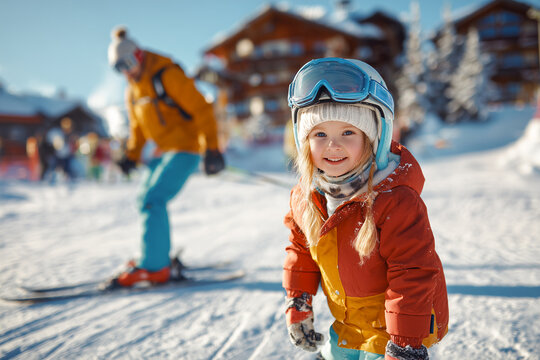 Happy little girl in ski helmet and goggles on snowy slope with parent skiing behind. Family winter vacation concept, active lifestyle, outdoor sport, and mountain resort