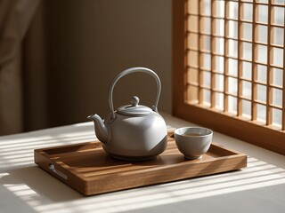 Teapot and cup on wooden tray with sunlight through window lattice, calm Japanese tea ceremony mood. 