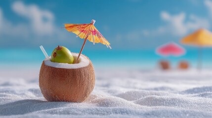 A refreshing coconut drink with a tiny umbrella sits on white sand, the turquoise ocean and blurred beach umbrellas in the background