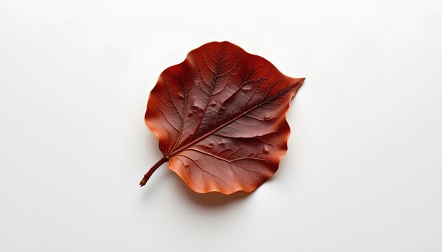 This is a close up photograph of a single leaf with a redish hue, resting on a light background, possibly a tabletop