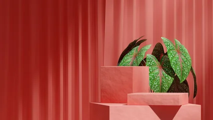 Fotobehang Baksteen floating cloth, 3d render template mockup pink color block shape in landscape  © Faustudio