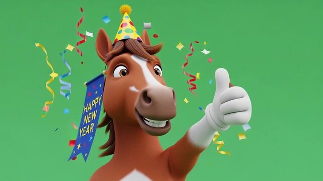 A cartoon horse wearing a party hat and giving a thumbs up surrounded by colorful confetti and streamers on a green background