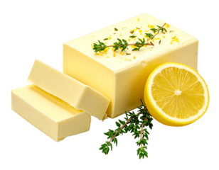 A close-up shot of a butter brick alongside sliced pieces and half a lemon with fresh herb garnish
