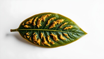Fototapeta premium A close up of a single leaf with prominent yellow spots, which appear to be some type of lesion or disease, set against a white background. There's a hint of green on the edges of the leaf