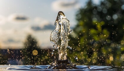 Dynamic water splash captured in motion against a blurred natural background.