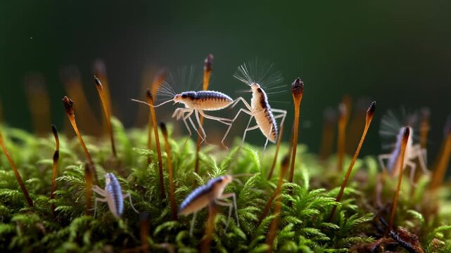 Close-up of springtails on moss with detailed natural elements