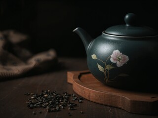 Tea set on wooden tray in dramatic low light, minimal zen tea ceremony concept with black background.