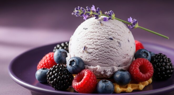 A plate of ice cream with berries and a sprig of lavender on a purple plate.
