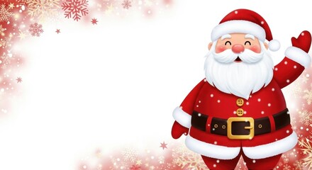 A cheerful Santa Claus with a red hat and beard, waving and smiling, against a white background with snowflakes.