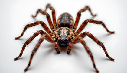 Fototapeta premium A large orb weaver spider with distinctly patterned legs in a close up view.