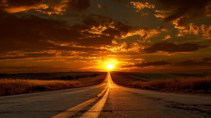 A scenic drive at sunset, with an open road vanishing into the glowing horizon, surrounded by fields and a dramatic cloudy sky