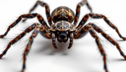 Fototapeta premium A striking black and orange spider positioned in the center against a white background. Its intricate web like pattern covers most of its body, emphasizing its natural camouflage.