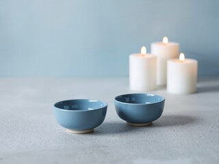 Two blue ceramic bowls on gray table with soft candles in background, minimal spa still life with copy space.