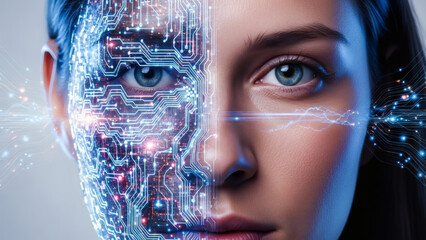 Intriguing digital portrait blending a woman's face with advanced circuitry, symbolizing the profound future where human consciousness and artificial intelligence converge