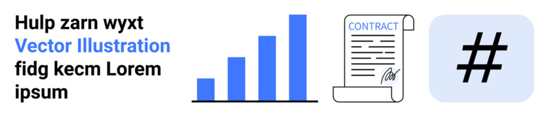 Obraz premium Bar chart growing upward, signed contract document, and metadata tag square icon. Ideal for business analytics, marketing, contracts, social media, finance, management and simple landing page
