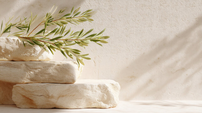 Soft stone podium with olive branch casting gentle shadow on textured neutral background in natural light creating calm minimal still life composition