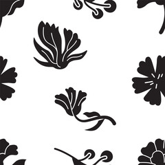 Hand Drawn Black Floral Linocut Seamless Pattern Background