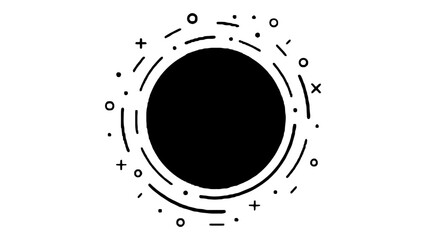 Energetic burst of abstract festive shapes and lines around a dark circle