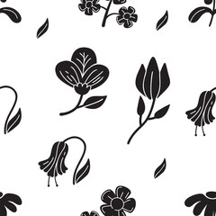 Hand Drawn Black Floral Linocut Seamless Pattern Background
