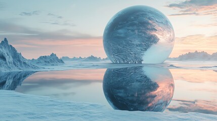 Surreal frozen landscape reflecting a celestial sphere in arctic twilight