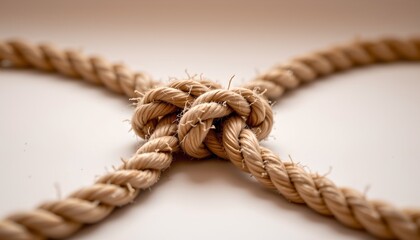 Obraz premium Two ropes crossed over each other with a knot at their center, resting on a plain surface against a neutral background.