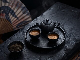 Dark teapot with flower painting on wooden stand, tea leaves on table, moody still life with copy space.