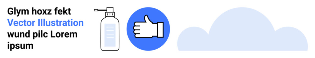 Obraz premium Hygiene, safety, approval, cleanliness, cloud services, digital tools. Hand sanitizer bottle, thumbs-up icon and cloud shape. Hygiene and safety are by these symbols